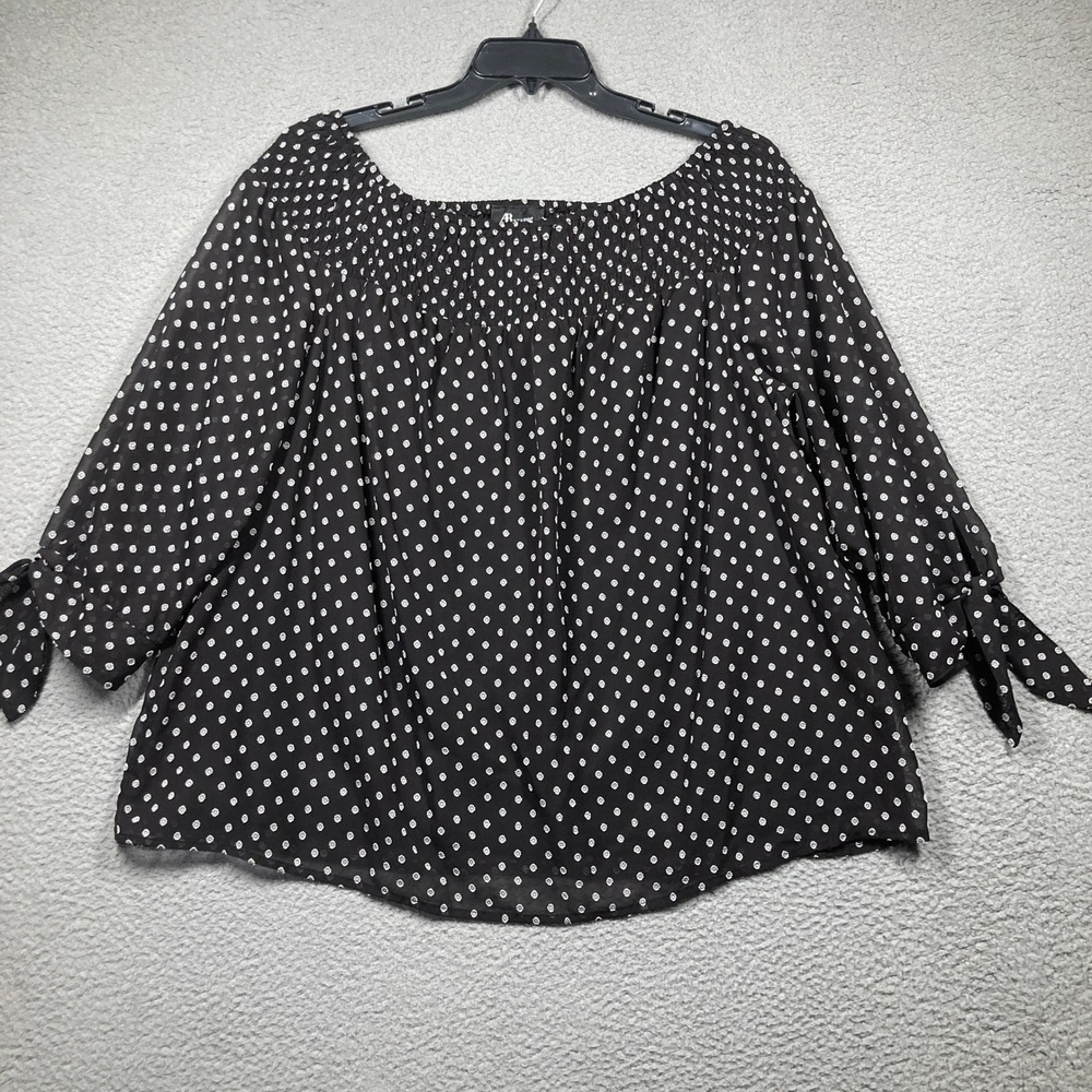 AB Studio Woman Top Plus 1X Black White Polka Dot Smocked‎ Off Shoulder Blouse